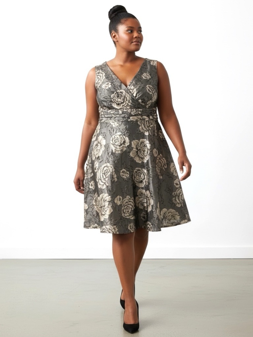 Coldwater Creek Brown Floral Midi Beaded Jacquard Cocktail Dress 18W